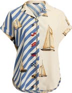 Lauren Ralph Lauren Stripe Sailboat Print Crêpe de Chine Camp Shirt