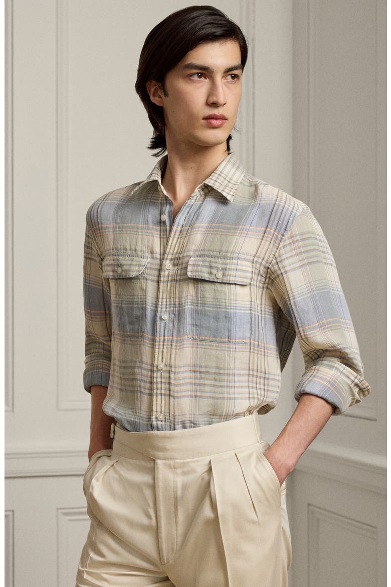 Plaid Linen Button-Up Shirt, Alternate, color, INFINITY BLUE