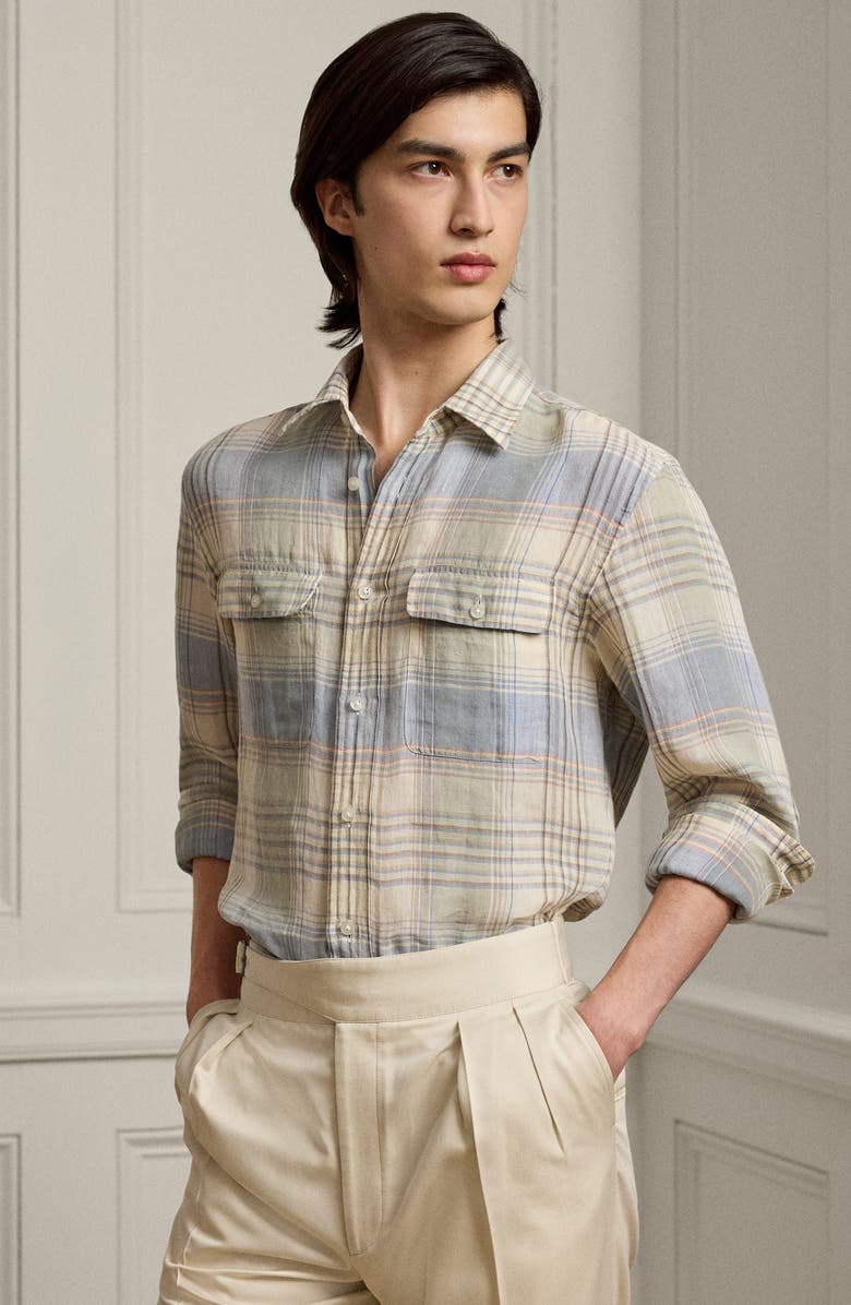 Ralph Lauren Purple Label Plaid Linen Button-Up Shirt, Alternate, color, Infinity Blue