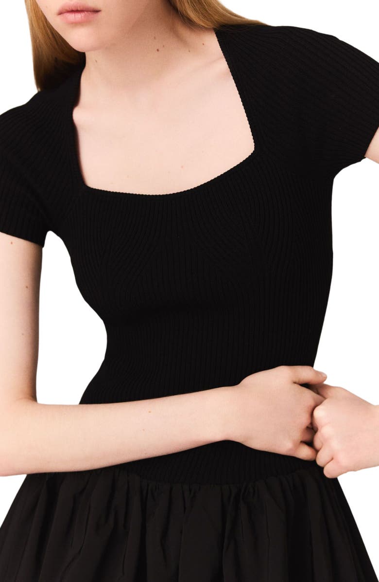 maje Long ribbed knit and taffeta dress, Alternate, color, Black