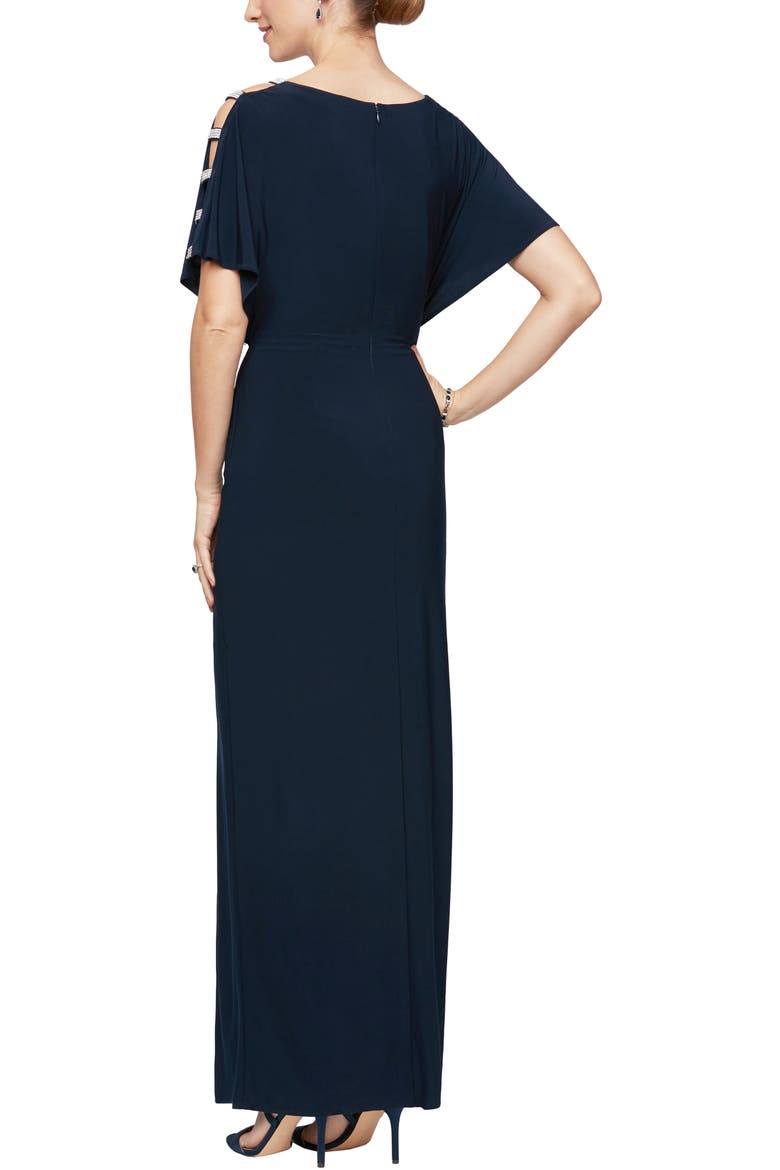 Embellished Sleeve Knot Front Jersey Gown, Alternate, color, NAVY