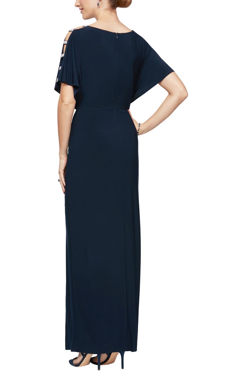 Alex Evenings Embellished Sleeve Knot Front Jersey Gown, Alternate, color, Navy