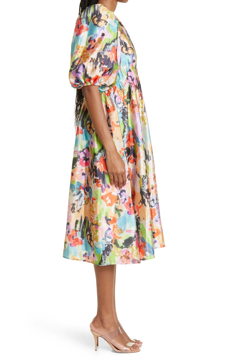 Stine Goya Elizabeth Puff Sleeve Satin Midi Dress, Alternate, color, 