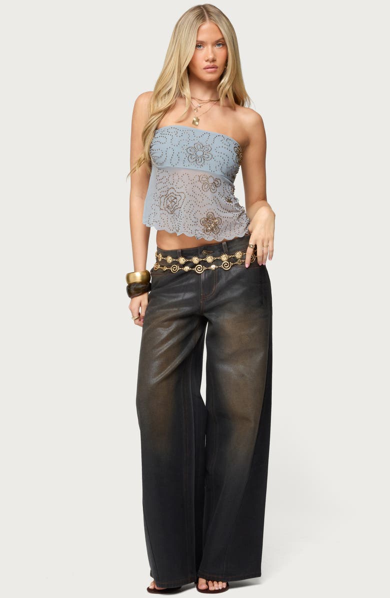 EDIKTED Astra Floral Beaded Strapless Mesh Top, Alternate, color, Light-Blue