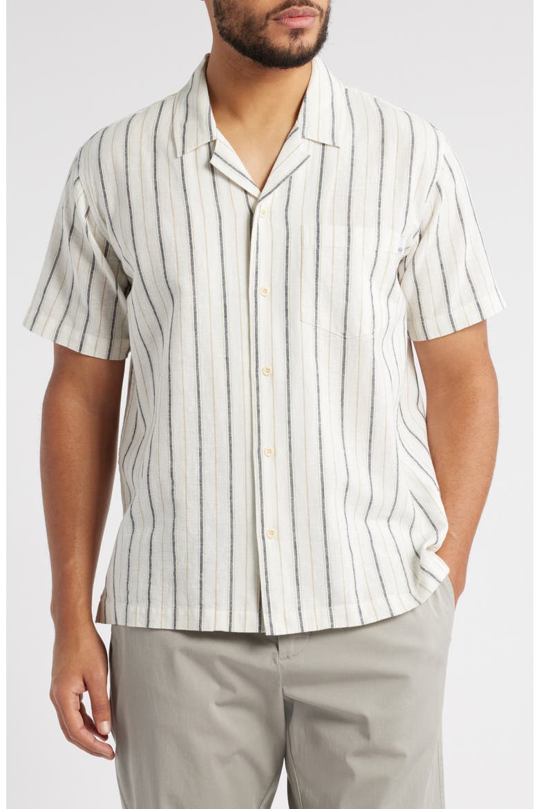 Foster Stripe Linen & Cotton Camp Shirt, Main, color, WHITE/GREY STRIPE