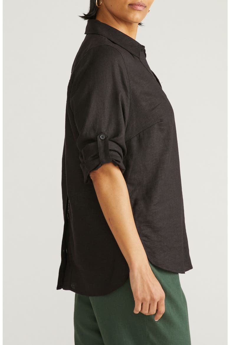 Button Back Linen Blend Polo, Alternate, color, BLACK