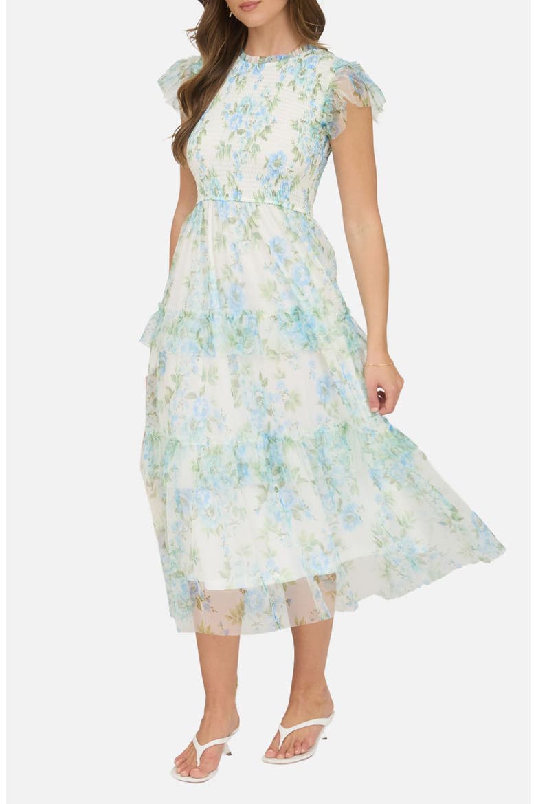 Floral Smocked Tiered A-Line Dress, Alternate, color, BLUE MULTI