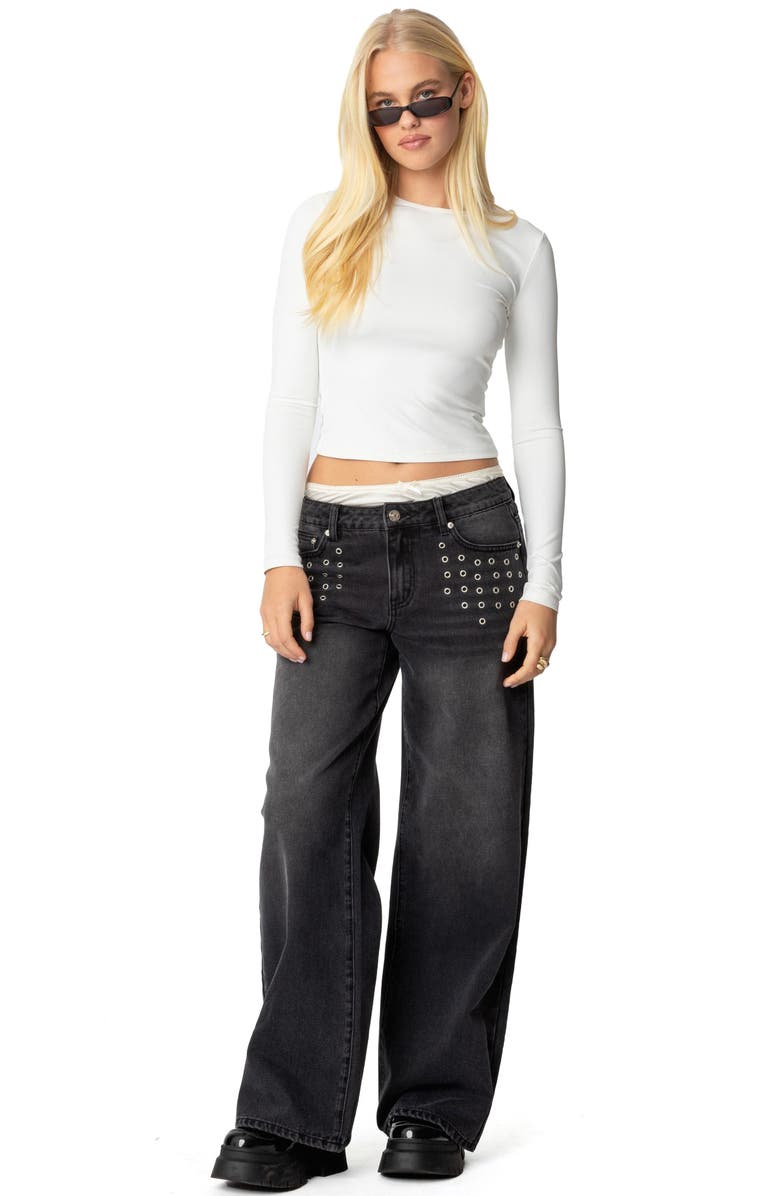 EDIKTED Grommet Low Rise Baggy Wide Leg Jeans, Alternate, color, Black