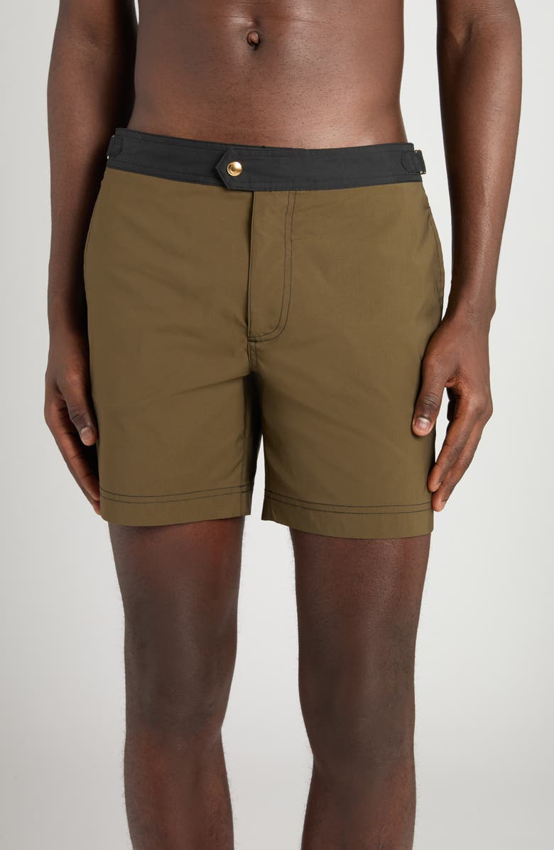 TOM FORD Microcompact Poplin Swim Trunks, Main, color, Military Green/ Black