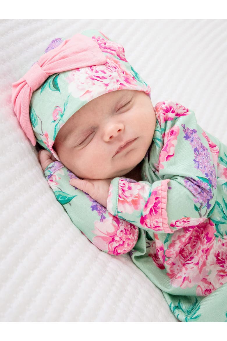 Ruffle Knotted Sleep Gown & Hat Set, Alternate, color, Sage Garden