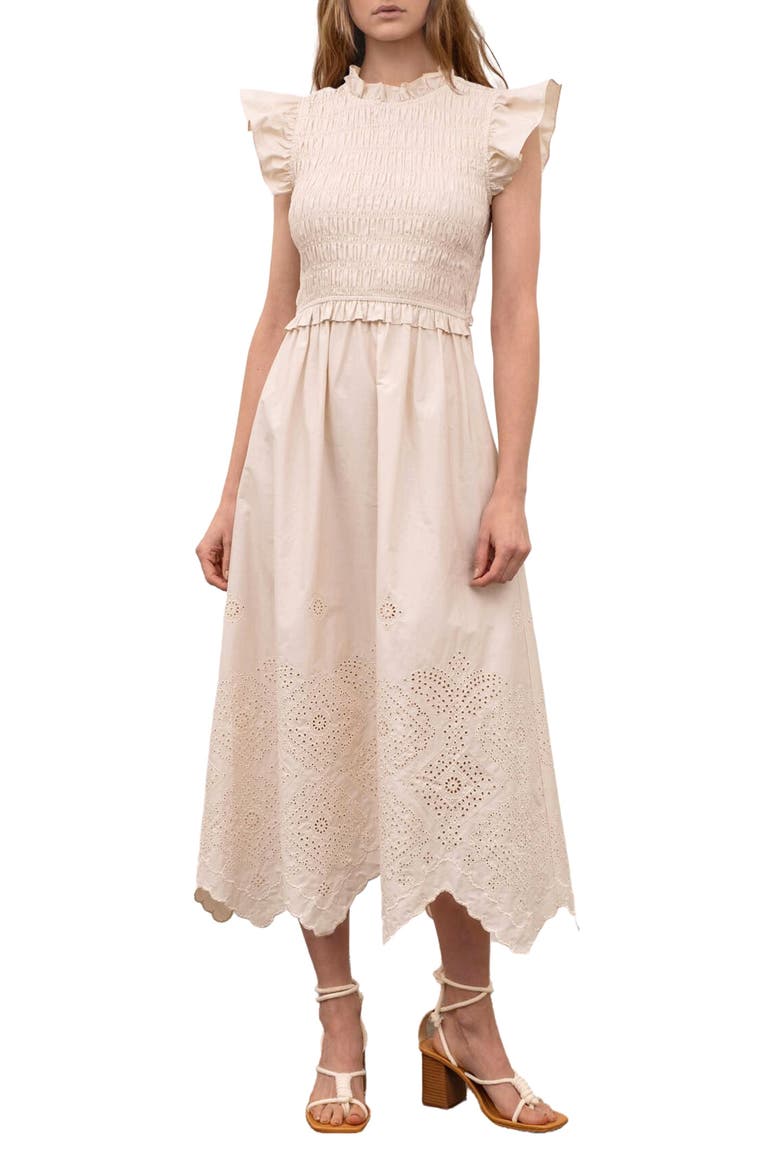 Ruffle Eyelet Smocked Stretch Cotton Dress, Main, color, CREAM