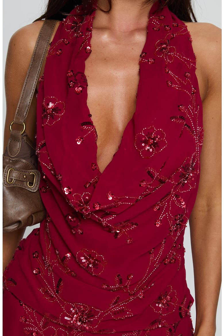 Twilight Zone Beaded Cowl Halter Top, Alternate, color, RED