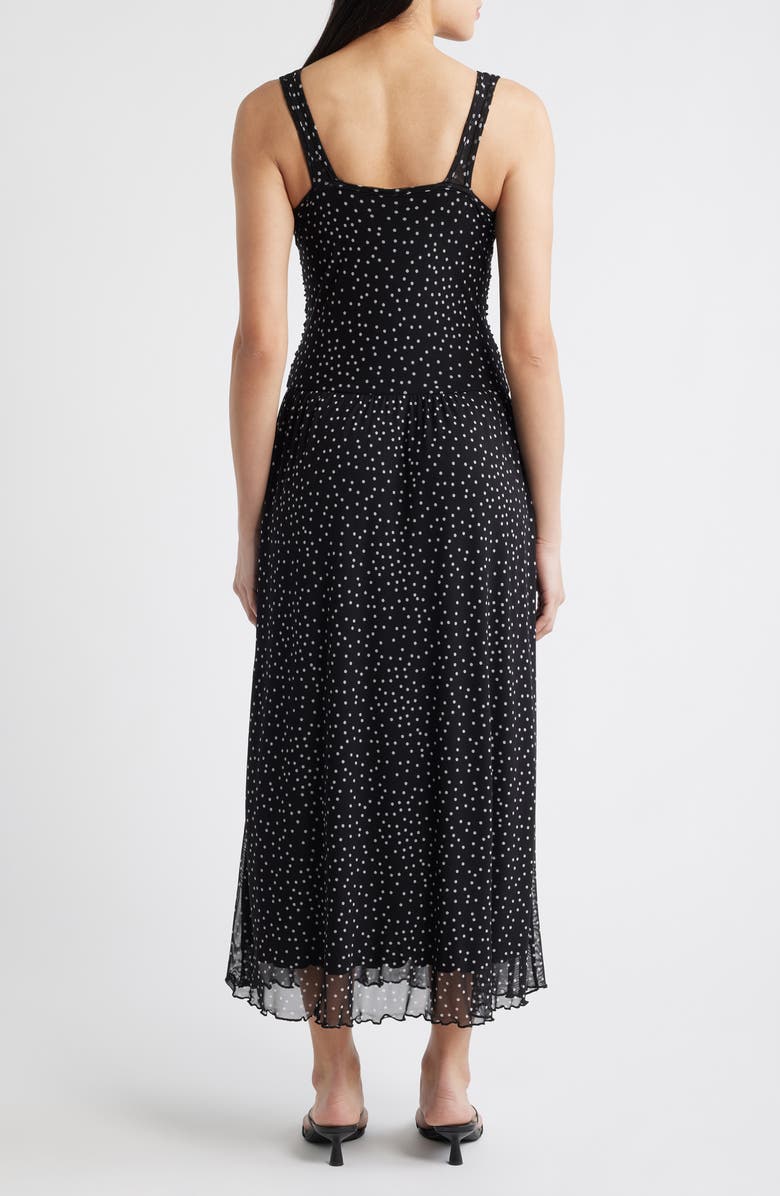 Loveappella Polka Dot Ruched Mesh Maxi Dress, Alternate, color, Black