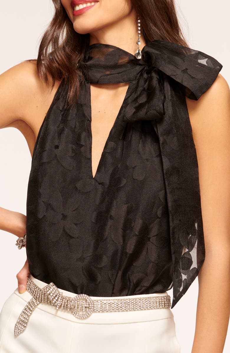 Ramy Brook Claudia Tie Neck Sleeveless Blouse, Alternate, color, Black Petal Organza