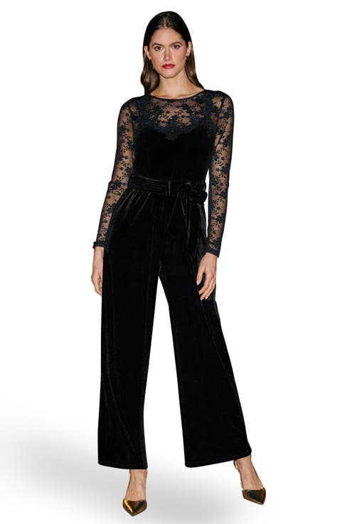 Lace Applique Sleeve Velvet Jumpsuit