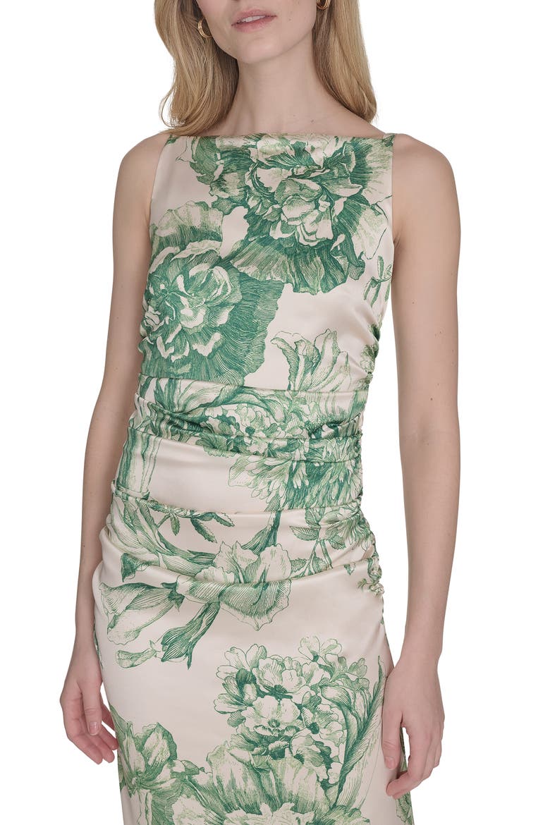 Floral Ruched Waist Satin Gown, Alternate, color, GREEN