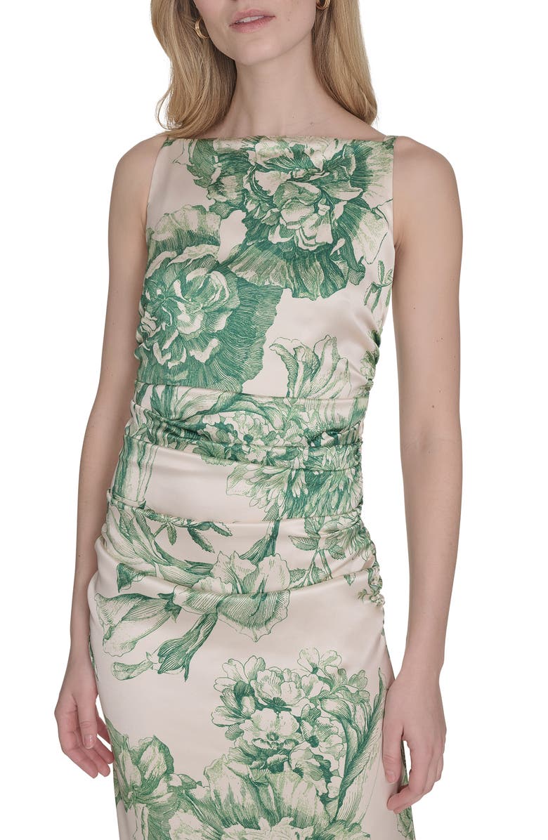 Vince Camuto Floral Ruched Waist Satin Gown, Alternate, color, Green