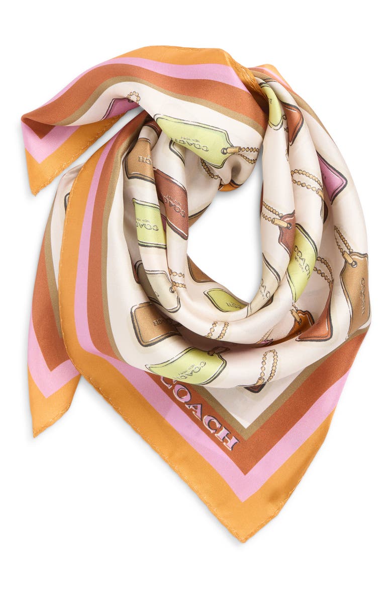 Hangtag Print Silk Square Scarf, Alternate, color, HONEY BROWN/ MULTI