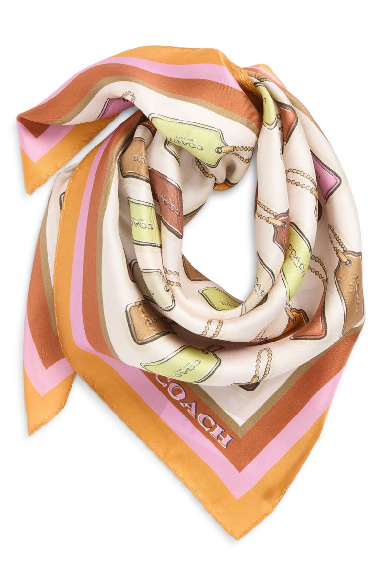 COACH Hangtag Print Silk Square Scarf, Alternate, color, Honey Brown/ Multi