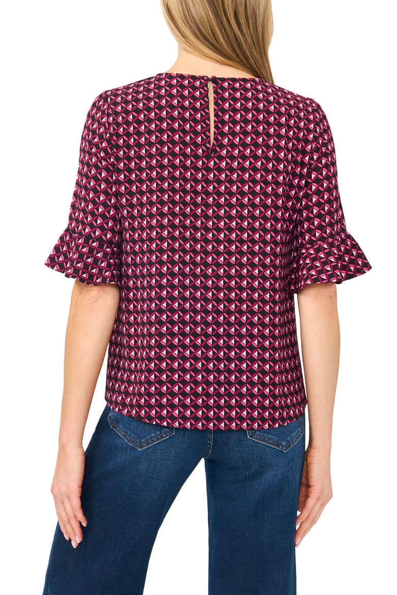 Geo Print Ruffle Cuff Top, Alternate, color, STARLET ROSE