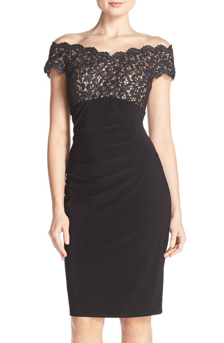 Xscape Evenings Xscape Lace & Jersey Off the Shoulder Sheath Dress, Main, color, 