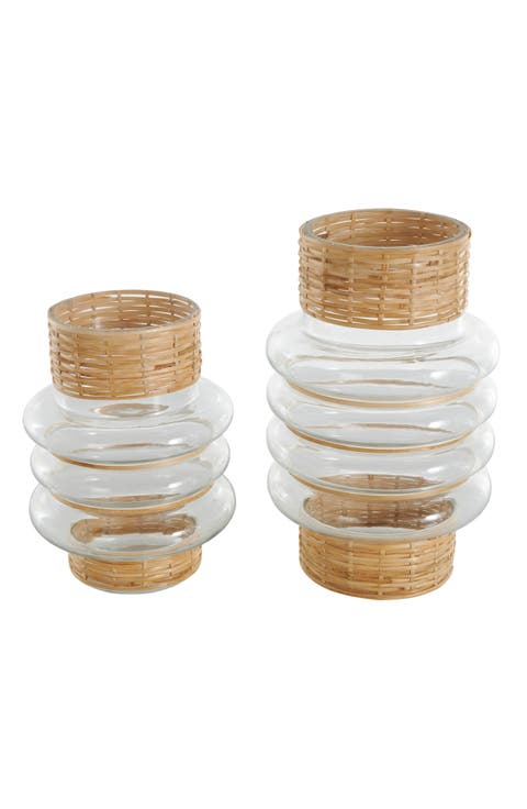 Glass & Rattan Set of 2 Vase Set