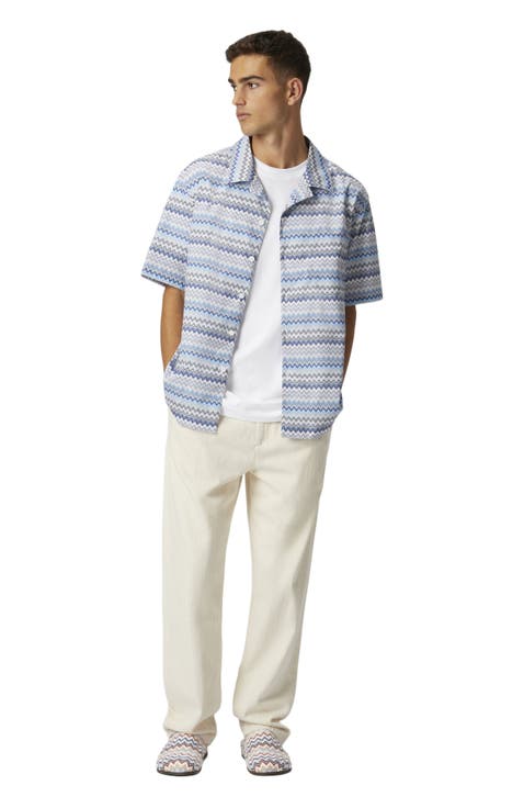 Zig Zag Cotton Poplin Bowling Shirt With Breast Pocket