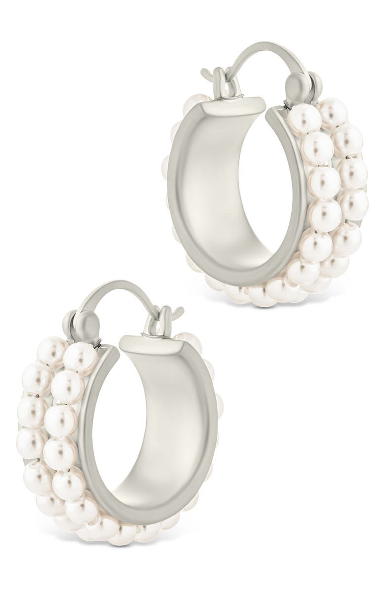 Sterling Forever Regina Double Faux Pearl Hoop Earrings, Main, color, Silver
