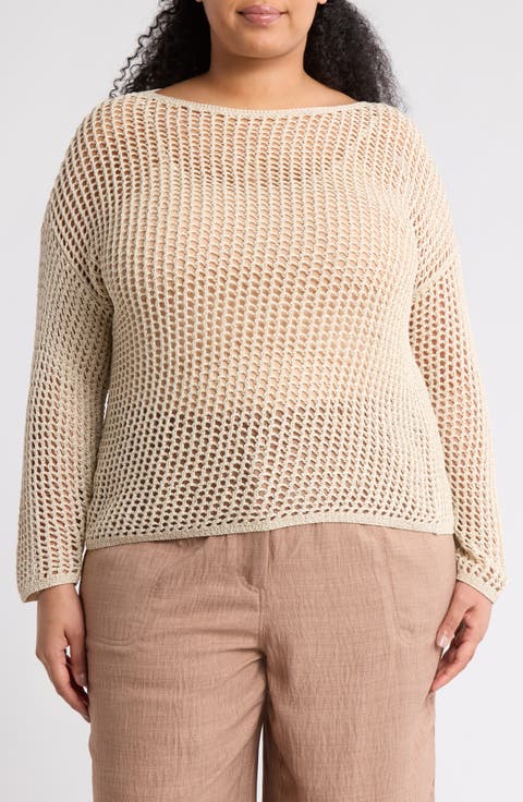 Long Sleeve Mesh Open Knit Top (Plus)