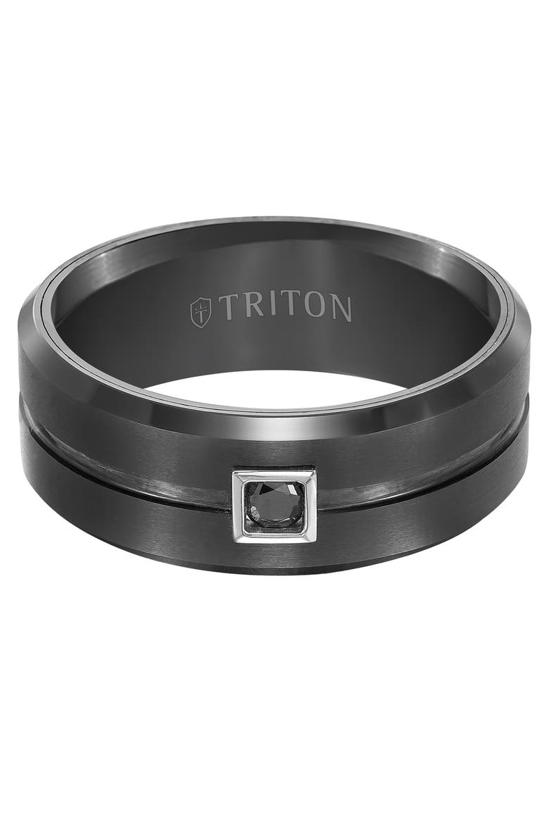 9MM Ring with Single Black Diamond Center and Brushed Center with Bevel Edge, Alternate, color, Black