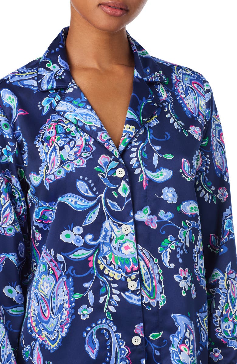 Lauren Ralph Lauren Print Recycled Polyester Blend Satin Long Pajamas, Alternate, color, Blue Paisley