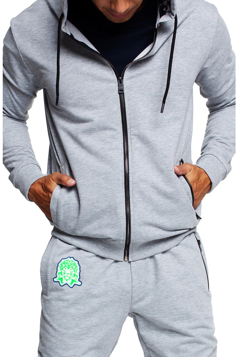 Tie Dye Detail Zip Front Stretch Cotton Fleece Hoodie, Alternate, color, GREY