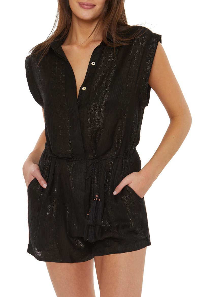 Villa Metallic Cover-Up Romper, Main, color, BLACK