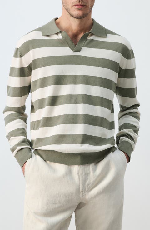 Fine Knit Long Sleeve Stripe Polo