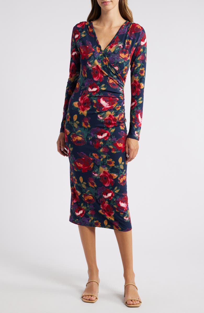 Loveappella Floral Long Sleeve Faux Wrap Midi Dress, Main, color, Blue Multi