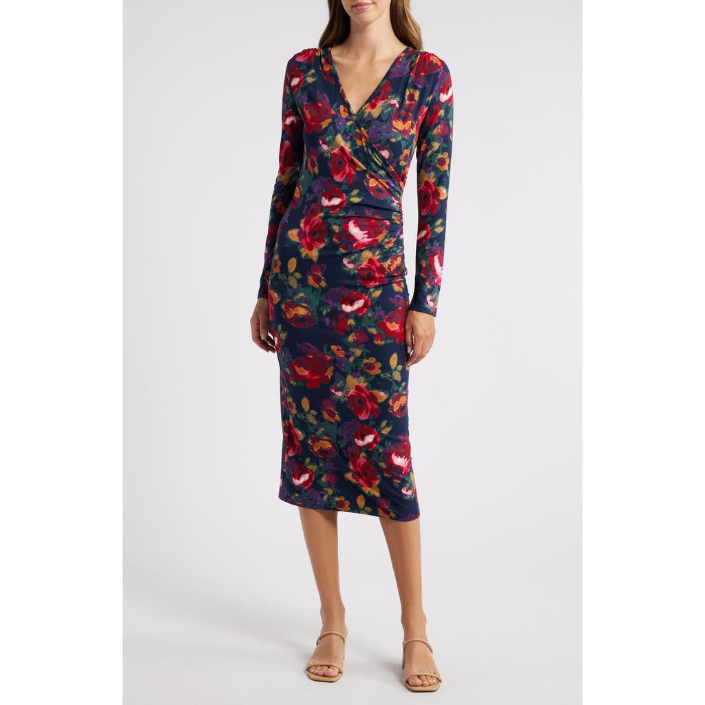 Loveappella Floral Long Sleeve Faux Wrap Midi Dress in Blue Multi