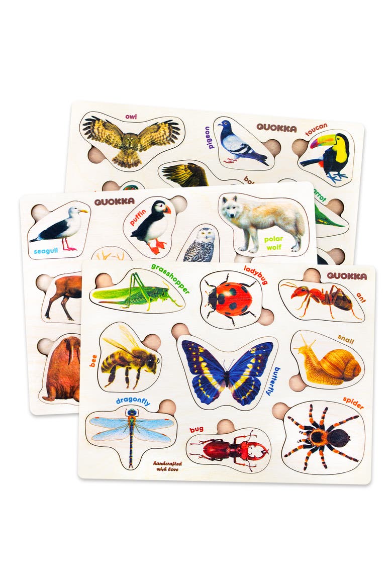 3xSET Montessori Wooden Puzzles for Toddlers, Main, color, Insects, arctic animals, birds