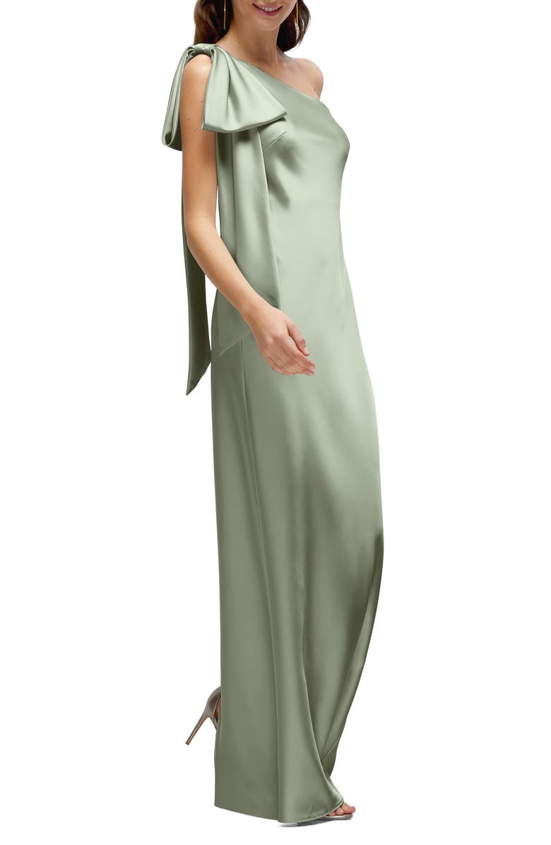 After Six Bow Detail One-Shoulder Stretch Satin Charmeuse Gown, Alternate, color, Sage