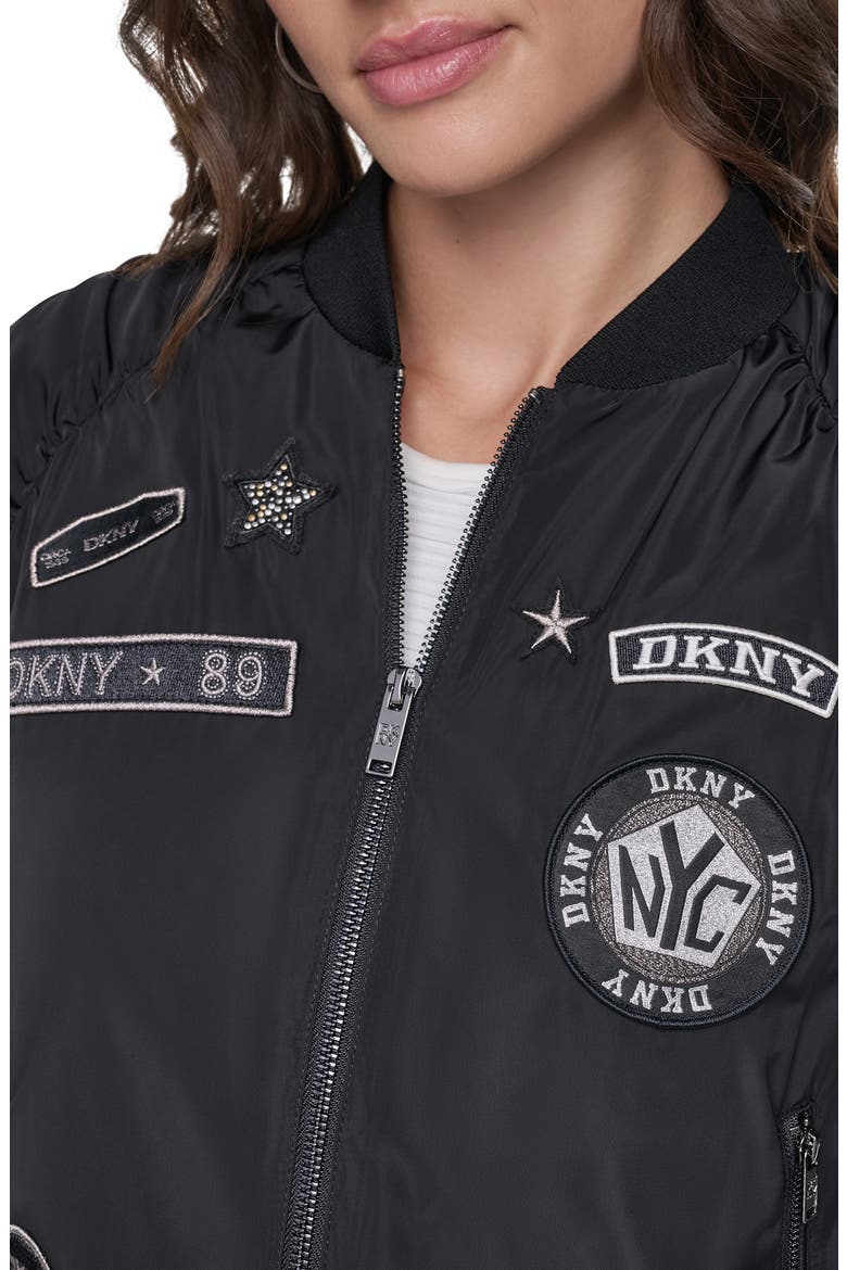 Ruched Pins & Patches Bomber Jacket, Alternate, color, BLACK