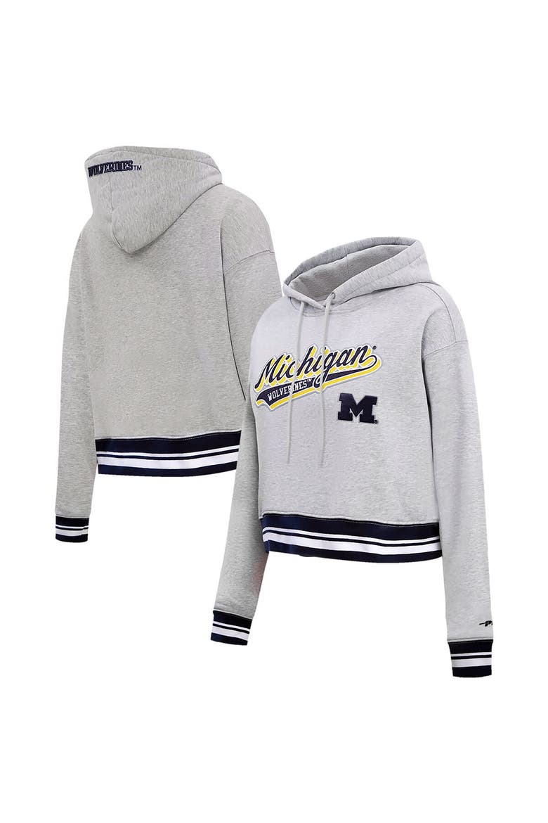Women's Pro Standard Heather Gray Michigan Wolverines Script Tail Fleece Cropped Pullover Hoodie, Main, color, Heather Gray