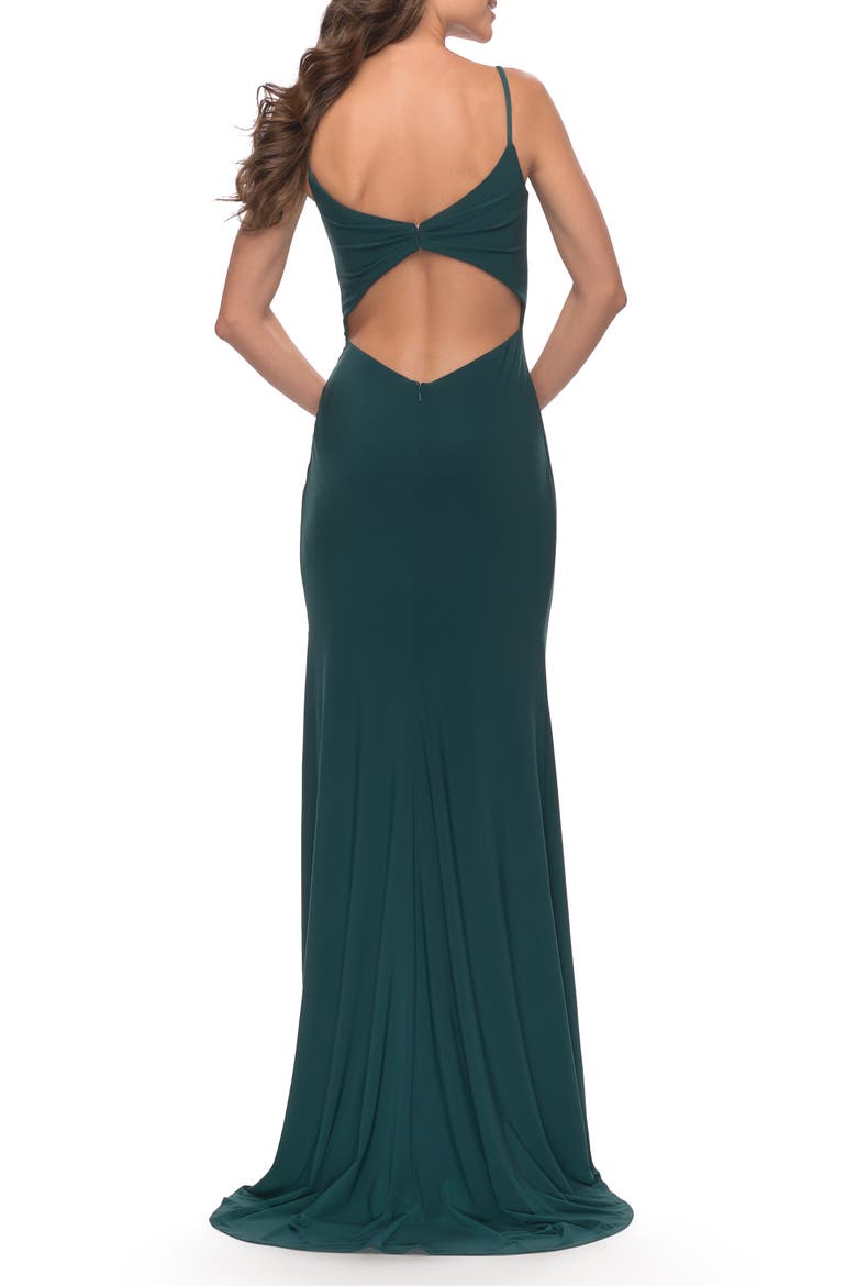 Long Jersey Dress with V-neck and Open Back, Alternate, color, Dark Emerald