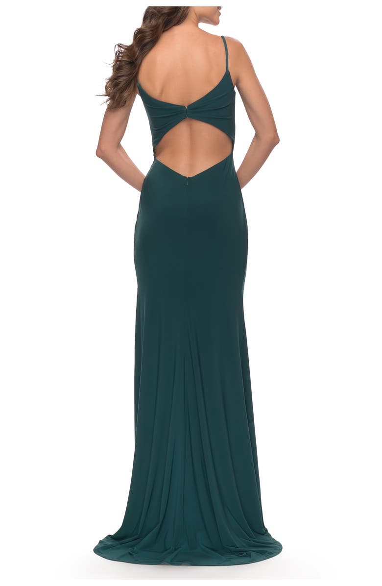 La Femme Long Jersey Dress with V-neck and Open Back, Alternate, color, Dark Emerald