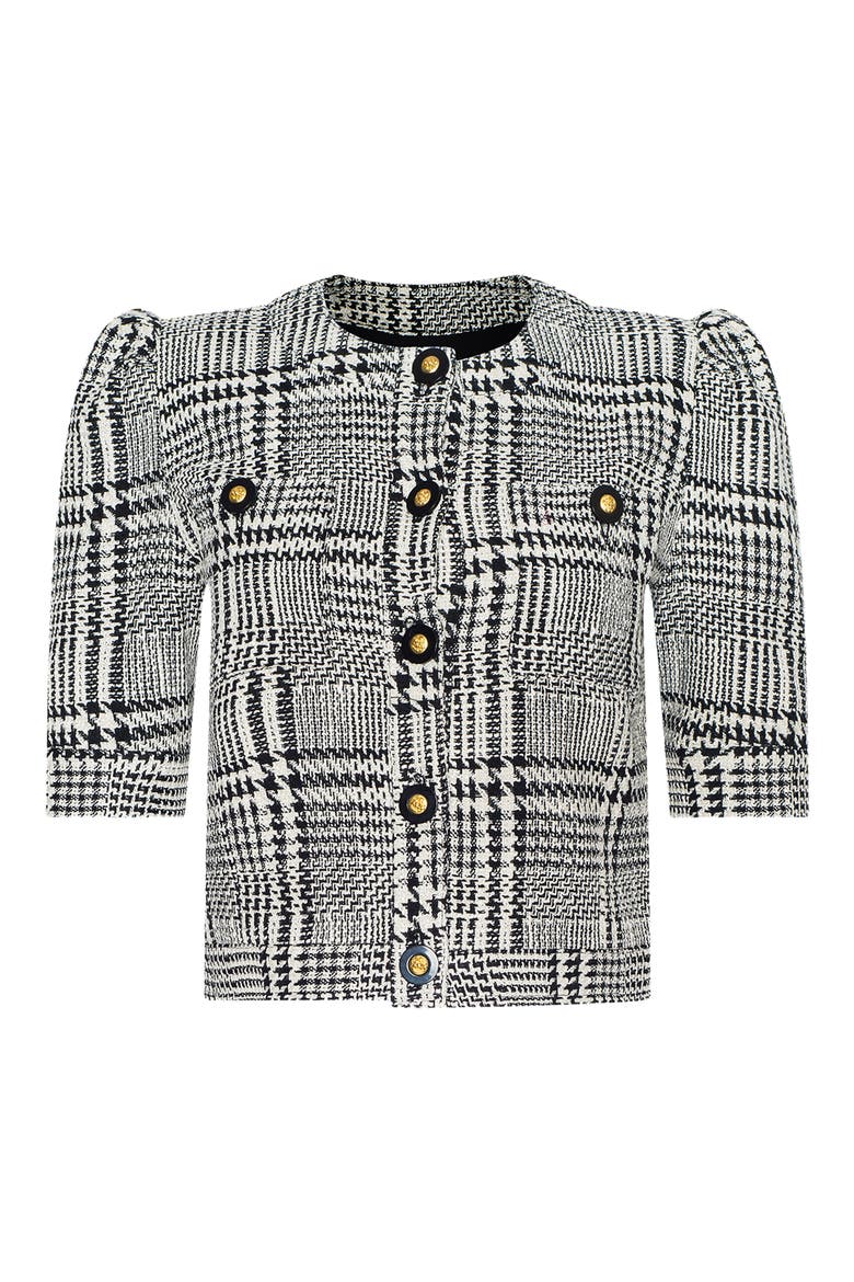 Allegra Glen Plaid Short Sleeve Cropped Jacket, Alternate, color, BLACK/ WHITE GLEN PLAID