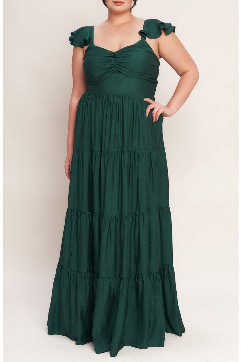 Flutter Cap Sleeve Tiered Maxi Dress, Main, color, FOREST GREEN