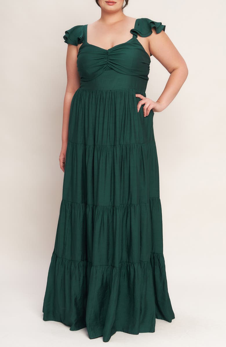 FLYING TOMATO Flutter Cap Sleeve Tiered Maxi Dress, Main, color, Forest Green