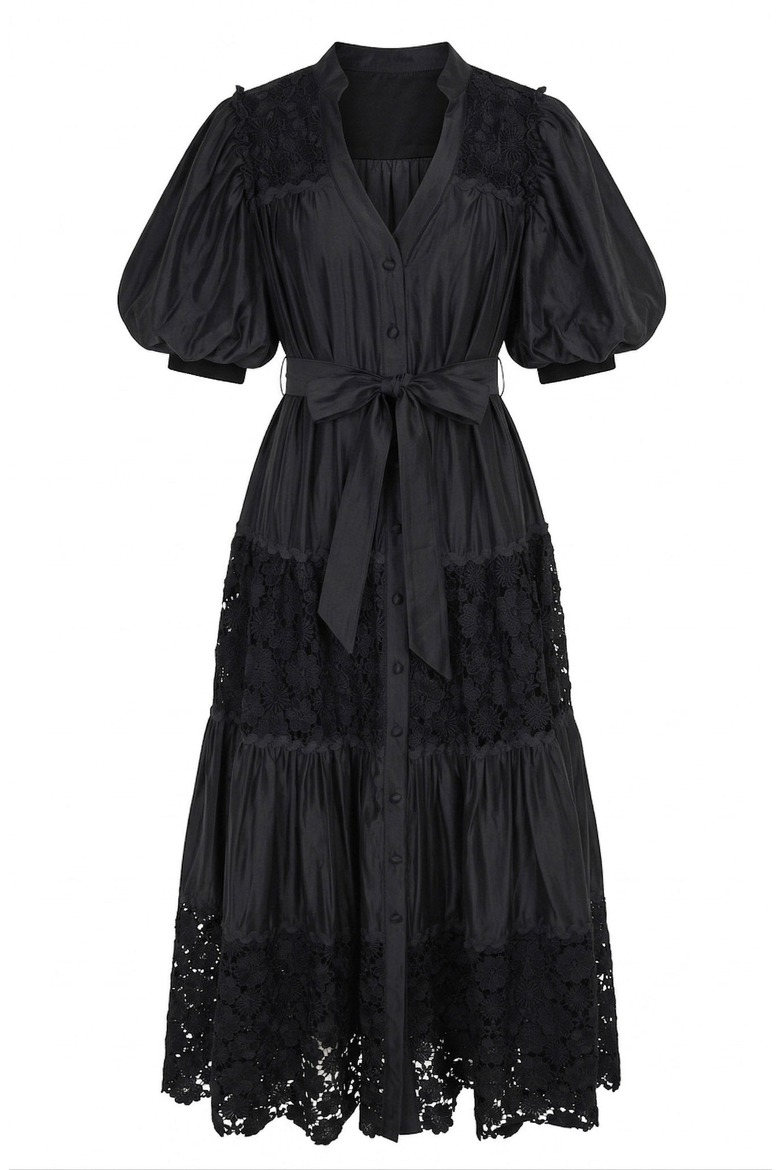 V-Neck Lace Paneling Midi Dress, Alternate, color, Black