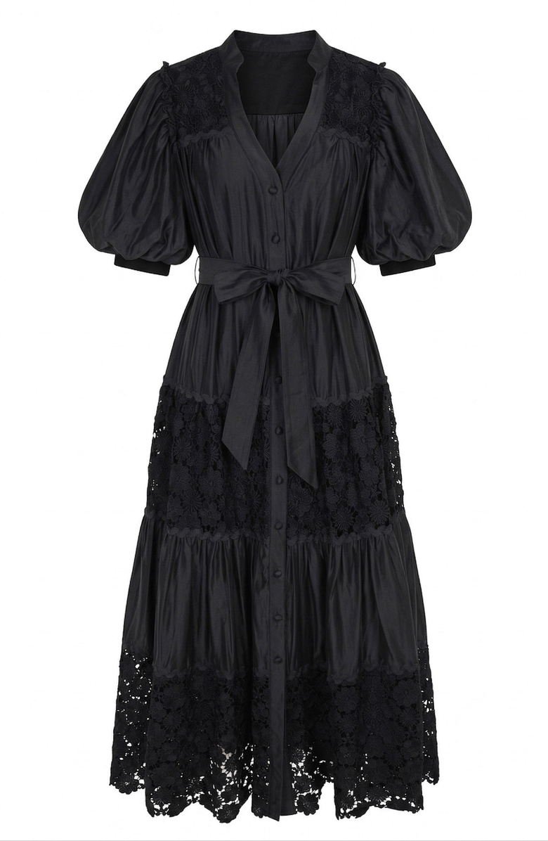 Modenaire V-Neck Lace Paneling Midi Dress, Alternate, color, Black