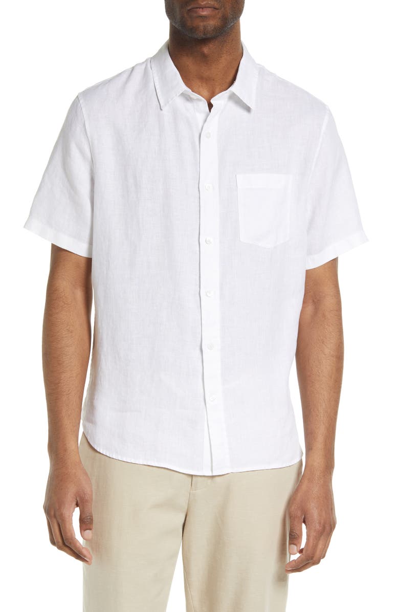Vince Classic Fit Short Sleeve Linen Shirt, Main, color, Optic White