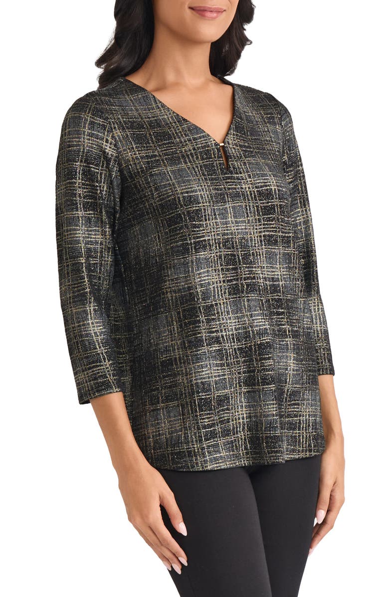 Jones New York Plaid Metallic V-Neck Top, Alternate, color, Jones Black Multi