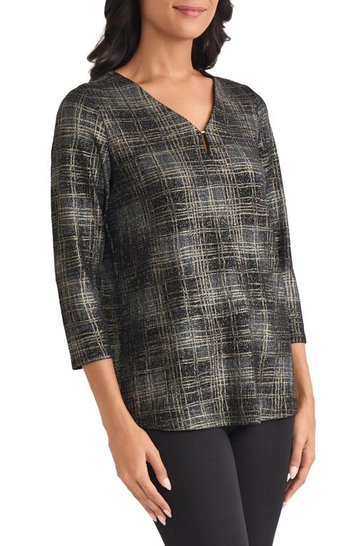 Jones New York Plaid Metallic V-neck Top In Multi
